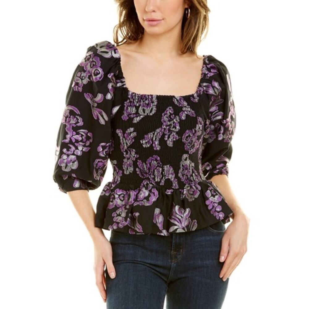NWT Tanya Taylor Emma Silk Blend Top Black Purple Peplum Floral L